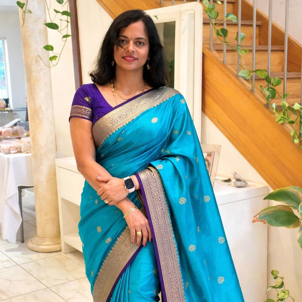 Kanji Semi Silk Saree – Turquoise Blue & Purple
