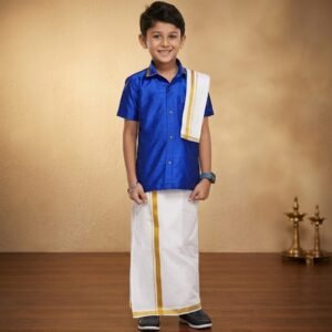 Boys Royal Blue Cotton Dhoti Set with Traditional Veshti