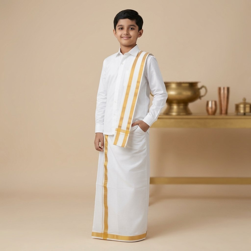 Boys Traditional White Cotton Dhoti Set with Angavastram