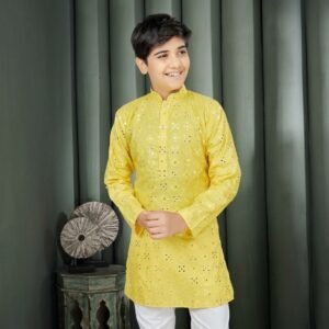 Boys Yellow Embroidered Kurta Pajama Set – Festive Wear