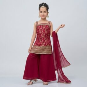 Girls Maroon Jacquard Palazzo Suit Set with Dupatta