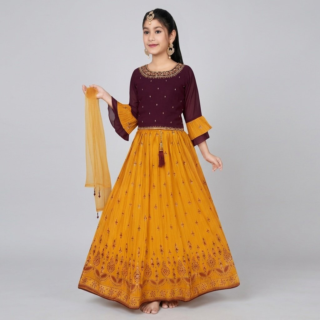 Girls Maroon & Mustard Embroidered Anarkali Gown with Dupatta