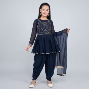 Girls Navy Blue Embroidered Dhoti Suit Set with Dupatta