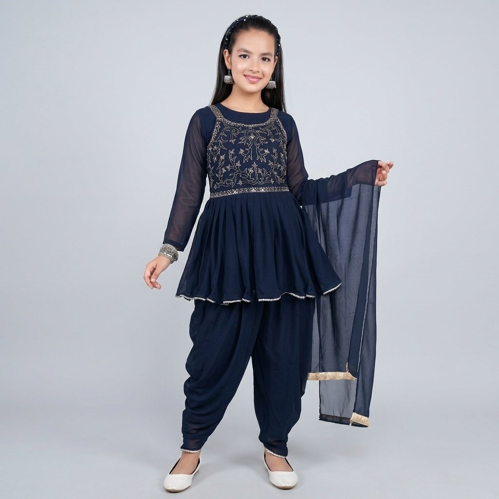 Girls Navy Blue Embroidered Dhoti Suit Set with Dupatta