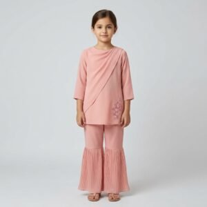 Girls Blush Pink Embroidered Co-Ord Set with Pleated Flare Pants