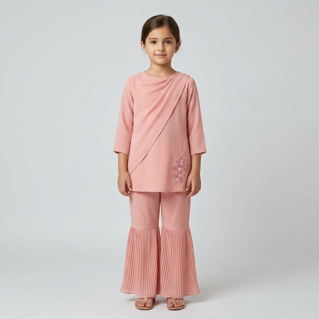 Girls Blush Pink Embroidered Co-Ord Set with Pleated Flare Pants